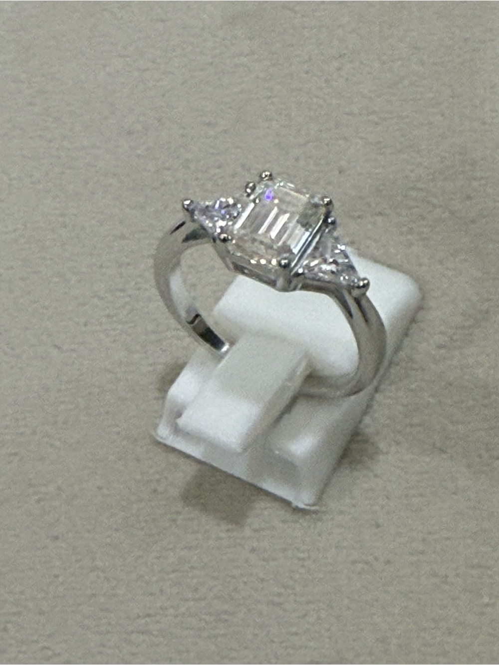 Emerald-Cut Clear Stone Three-Stone Silver Ring - White